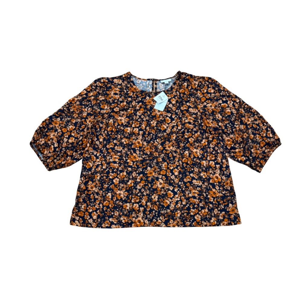 J. Jill Tencel Puff Sleeve Top Floral Print Navy Orange Women Size L NWT Fall